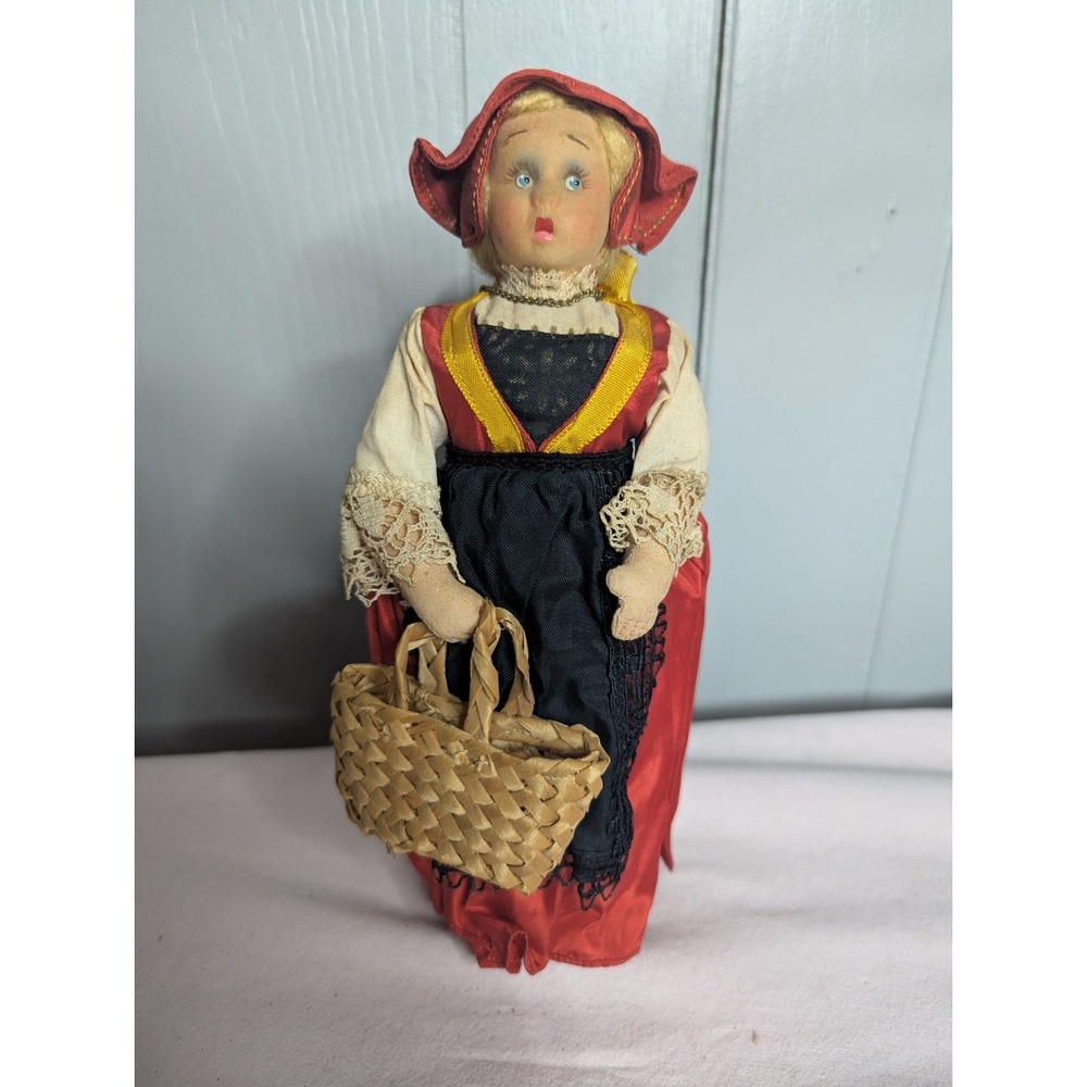 Lenci like Vintage 10" Country themed dress straw basket doll metal leg joints